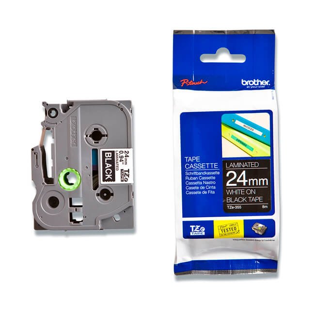 Cinta Brother TZE-355 Blanco sobre Negro 24mm (1″) x 8 mts Cinta Brother TZE-355 Blanco sobre Negro 24mm (1″) x 8 mts