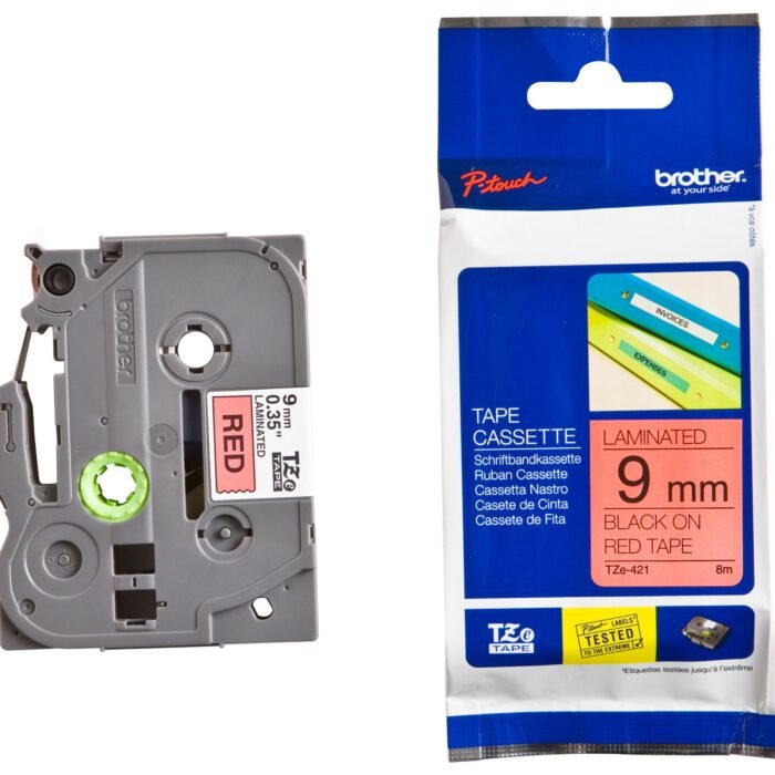 Cinta Brother TZE-421 Negro sobre Rojo 9mm (3/8″) x 8 mts