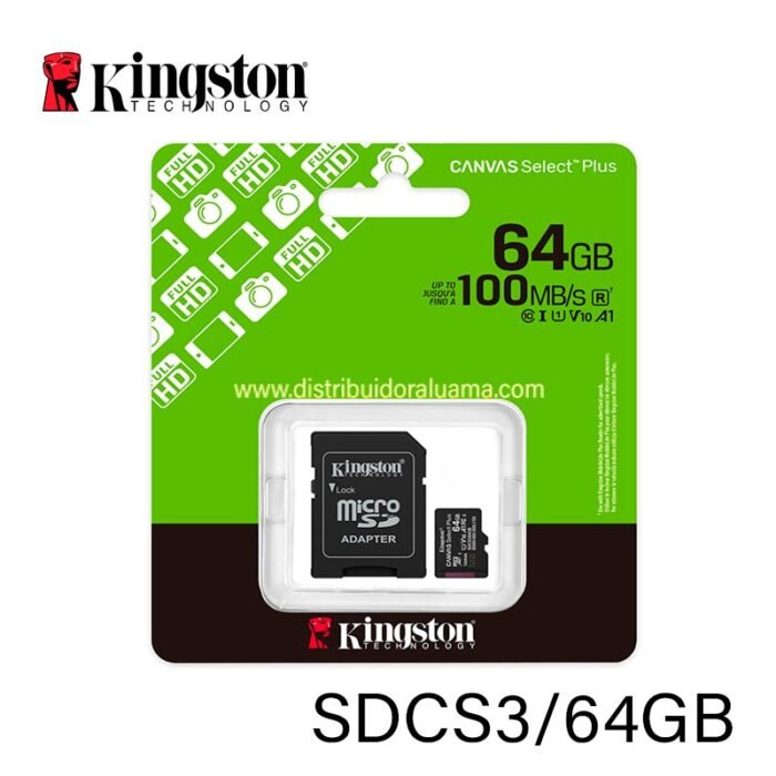 MEMORIA MICROSDHC 64GB 100MB/S C10+ADP KINGSTON (SDCS3/64GB)