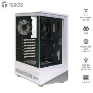 Case gamer TEROS TE-1322G, Mid Tower, USB 3.0 / USB 2.0, audio, ventilador RGB, blanco