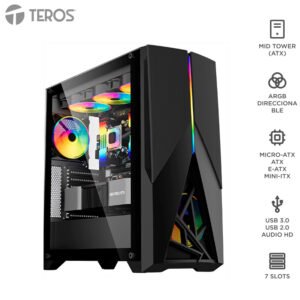 Case gamer TEROS TE-1174N, Mid Tower, USB 3.0 / USB 2.0, audio, ventilador ARGB, negro