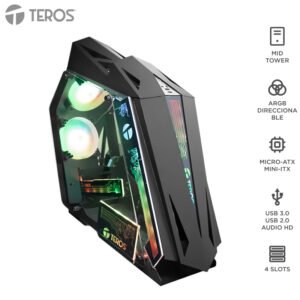 Case gamer TEROS TE-1314G, Mid Tower, USB 3.0 / USB 2.0, audio, ventilador ARGB, negro