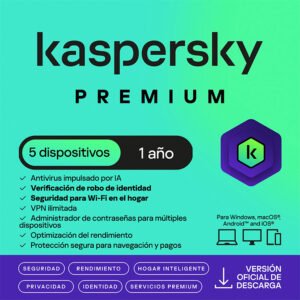 Antivirus Kaspersky Premium, para 5 PCs, Lic 1 año, Producto Virtual.
